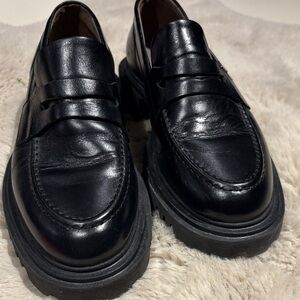 All Saints Black Leather Lug-Sole Penny Loafers